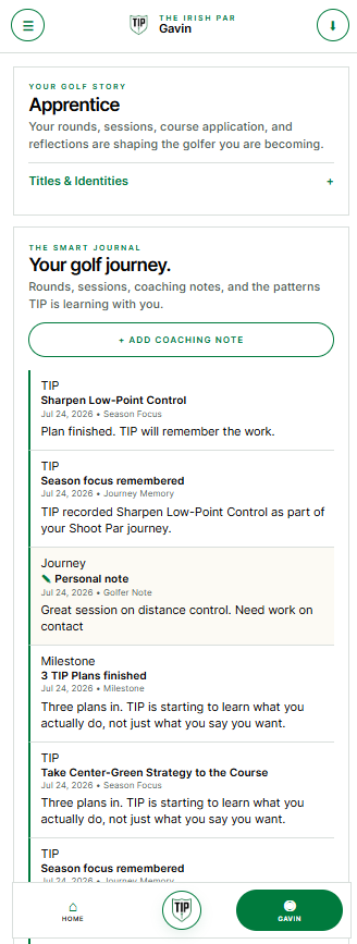 TIP golfer page showing the Smart Journal and player progress