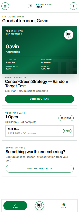 TIP home screen showing a golfer mission, open plan and coaching note